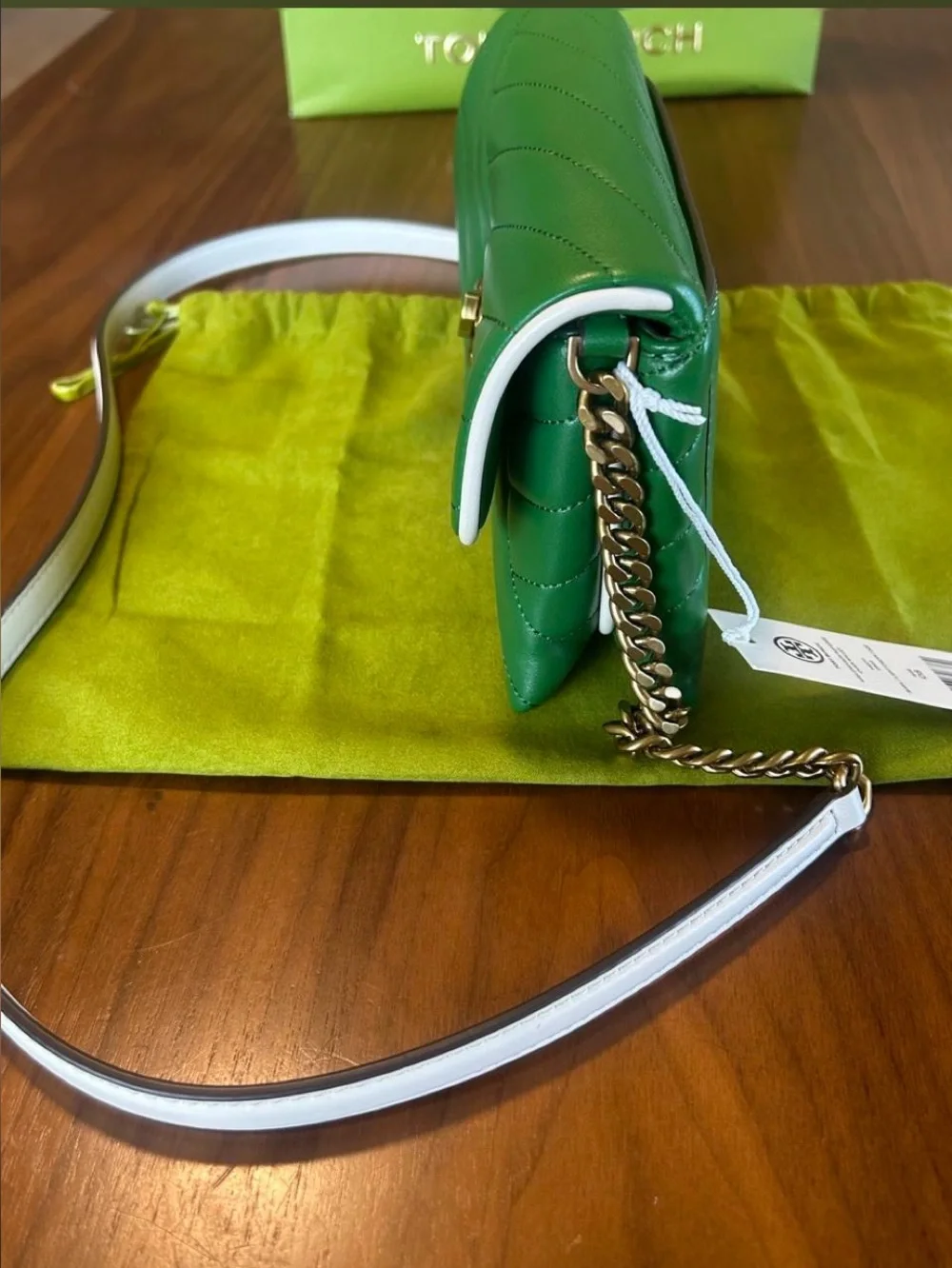 Tory Burch Green and Light Cream Kira Chevron Chain Wallet